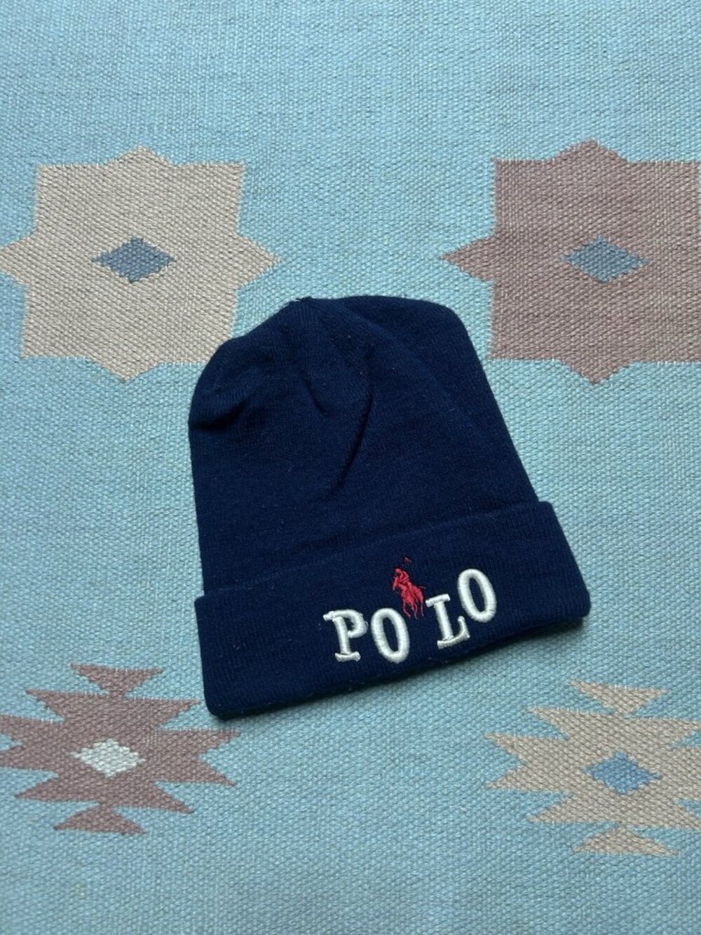Vintage polo Ralph Lauren knit beanie winter hat spell out horse logo blue OSFA